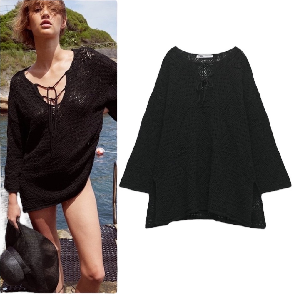 Zara Black Textured Pointelle Knit Double Tie Mini Dress / Tunic Sweater - M